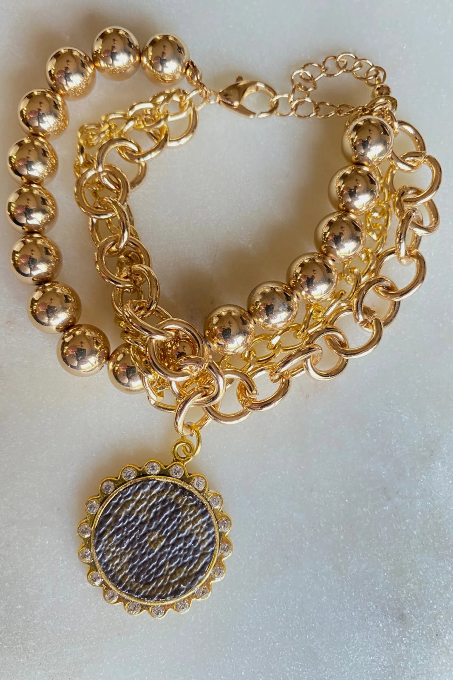 Up-Cycled Louis Vuitton 3 Strand Beaded Link Charm Bracelet